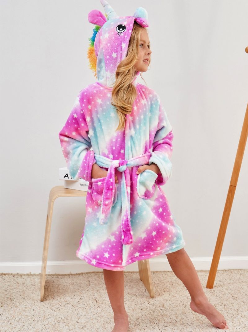 Bebis Flickor Unicorn Hooded Flanell Mjuk Sleeper Robe Med Bälte