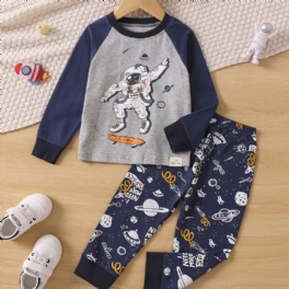 Bebis Pojkar Pyjamas Familjeoutfit Astronauttryck Rundhalsad Långärmad Topp Och Byxuppsättning Barnkläder