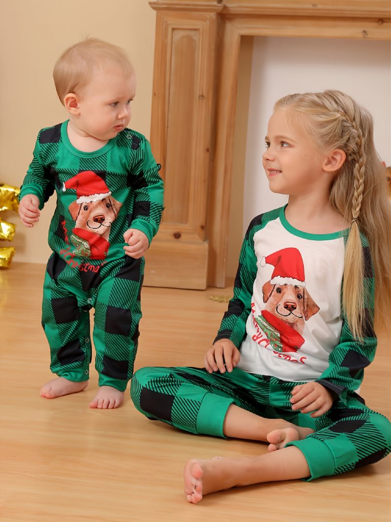 Bebis Pyjamas Jul Barn Pet Dog Digitaltryck Grön Pläd Jumpsuit