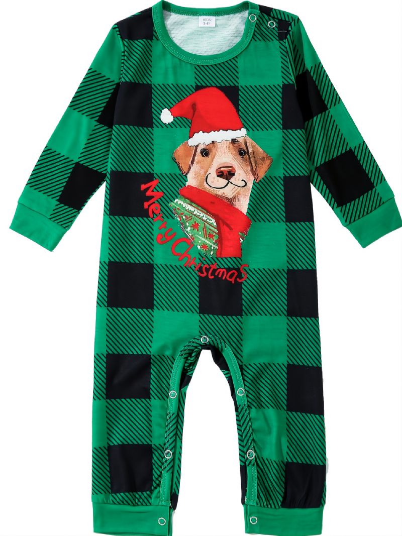 Bebis Pyjamas Jul Barn Pet Dog Digitaltryck Grön Pläd Jumpsuit