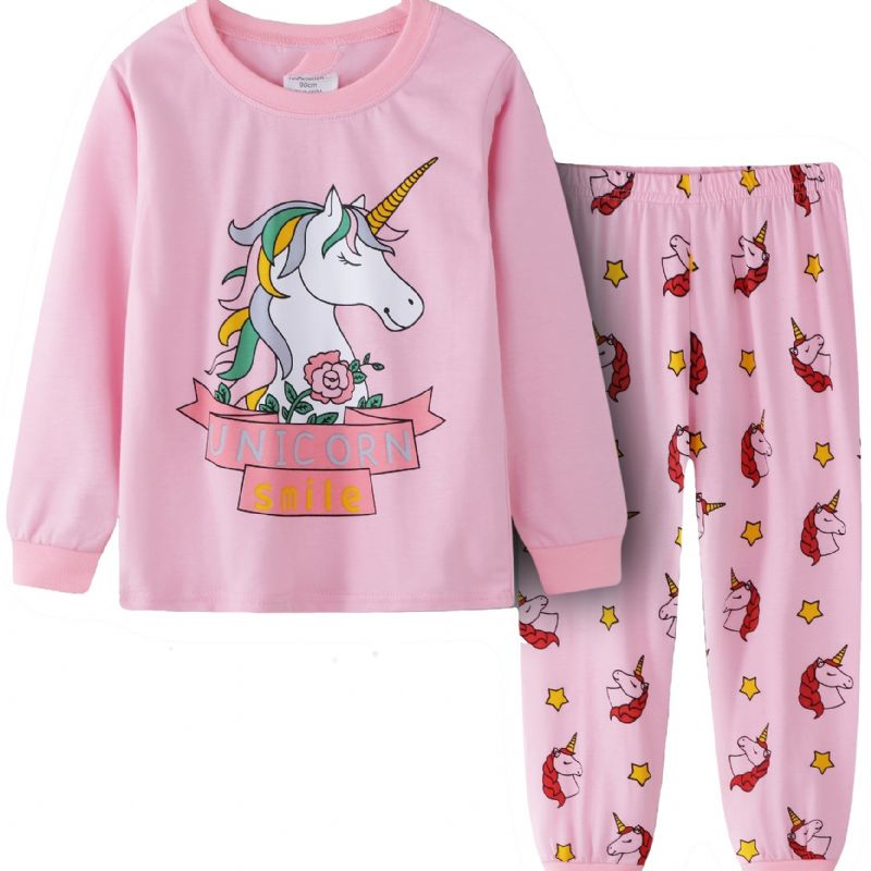 Enhörningstryck För Flickor Fritidspyjamas Lounge Wear Hemkläder Långärmad Topp & Matchande Byxor Barnkläder