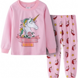 Enhörningstryck För Flickor Fritidspyjamas Lounge Wear Hemkläder Långärmad Topp & Matchande Byxor Barnkläder
