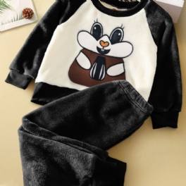 Fleece Pyjamasset För Kaninmönster Långärmad Topp + Matchande Byxor Loungekläder Hemmakläder Barnkläder Höst Vinter Outfits