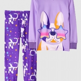 Flickor Casual Purple Cartoon Pyjamas Set Med Hundtryck Långärmad T-shirt & Star Dog Print Byxor