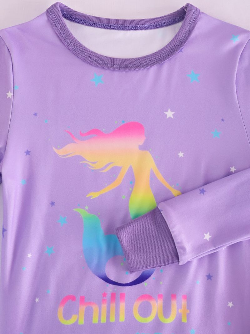 Flickor Casual Purple Cartoon Pyjamas Set Med Sjöjungfrutryck Långärmad T-shirt Och Byxor Med Vågtryck