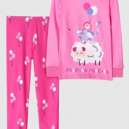 Flickor Casual Rosa Cartoon Pyjamas Set Med Får Katttryck Långärmad T-shirt Och Ballongbyxor