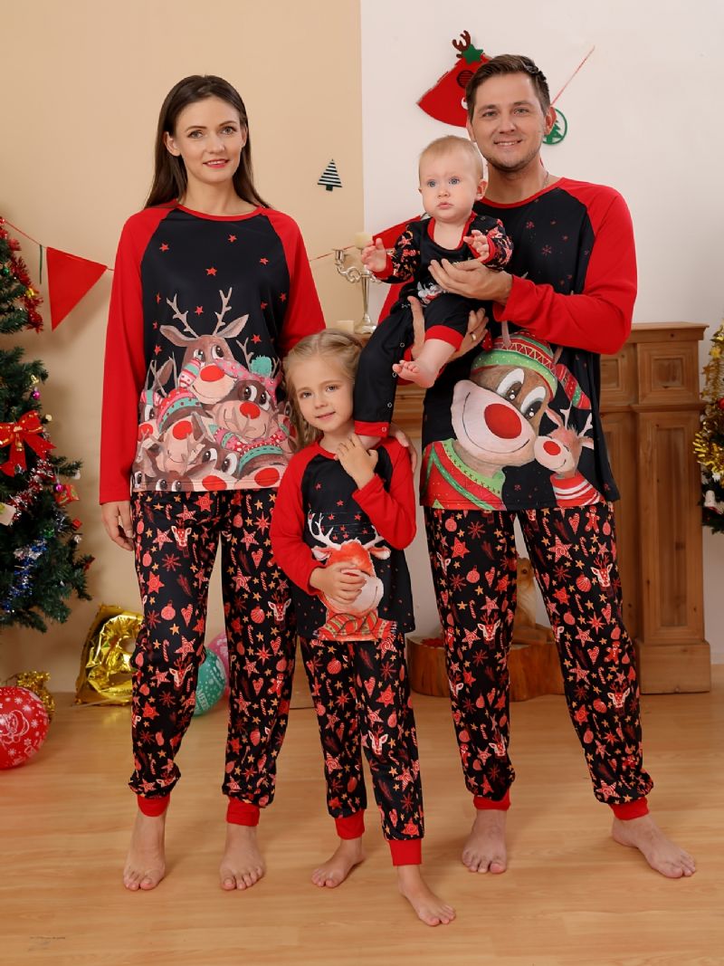Flickor Christmas Deer Print Rundhalsad Långärmad Topp & Byxuppsättning Pyjamas Jul