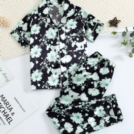 Flickor Green Flower Printed Short Sleeve Button Down Sleepwear Pyjamas Set