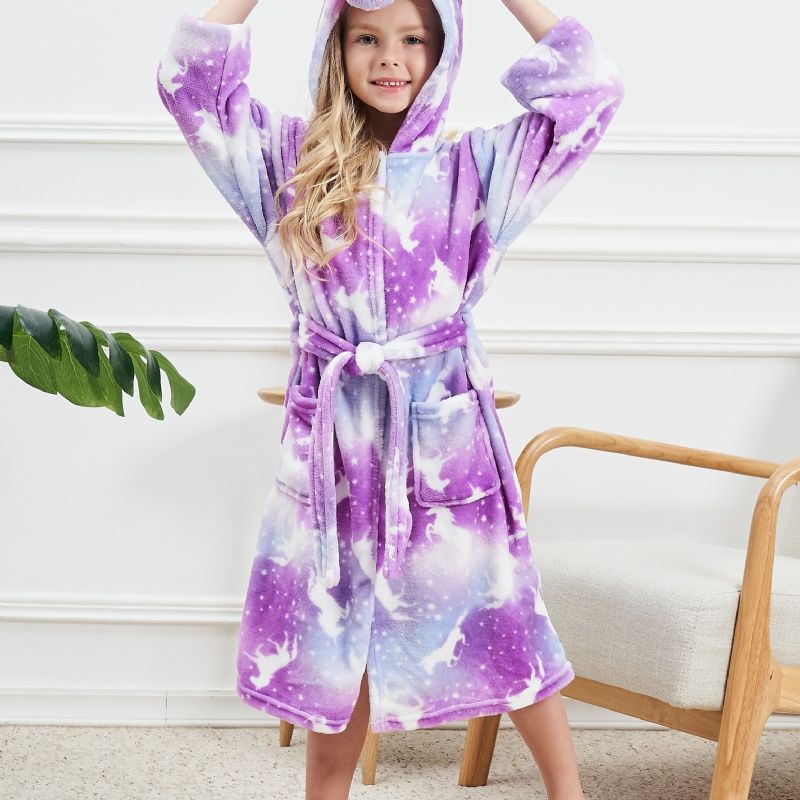 Flickor Huvmorgonrock Enhörning Mjuk Varm Flanell Pyjamas Vinter Barnkläder