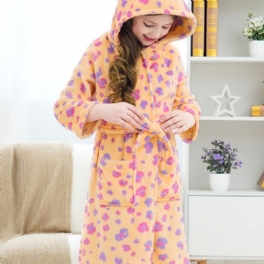 Flickor Katt Öron Huva Morgonrock Blommor Mönster Flanell Pyjamas Mjukt Varmt Bälte Sovkläder Vinter Barnkläder