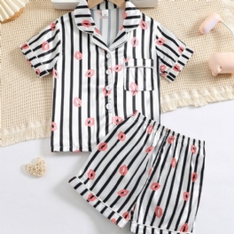 Flickor Lip Print Straip Button Front Satin Pyjamas Set