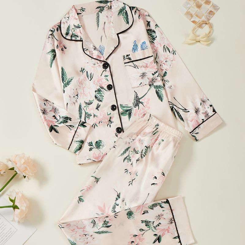 Flickor Med Blommönster Pyjamas Familjeoutfit V-ringad Knapp Med Långärmad Topp & Resårbyxor I Midjan Barnkläder