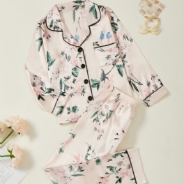 Flickor Med Blommönster Pyjamas Familjeoutfit V-ringad Knapp Med Långärmad Topp & Resårbyxor I Midjan Barnkläder