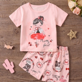 Flickor Porträtttryck Kortärmad Topp + Tecknade Shorts Pyjamasset Barnkläder