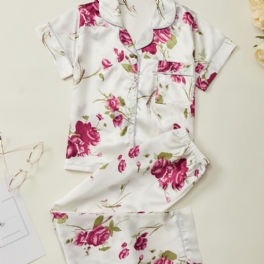 Flickor Pyjamas Familjekläder Blommor Print Lapel Kortärmad Topp & Byxor Set Barnkläder