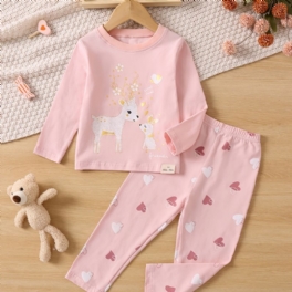 Flickor Rundhalsad Långärmad Topp + Byxor Pyjamas Set Animal Barn Kläder