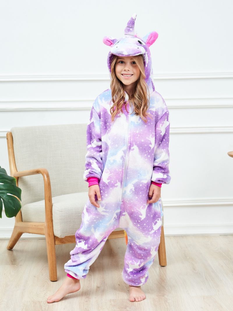 Flickor Söt Cartoon Unicorn Hooded Pyjamas Barn Lila Holiday Kostym För Vintern