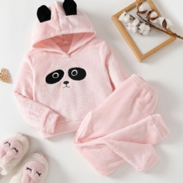 Flickor Söt Tecknad Panda Mönster Flanell Hooded Pyjamas Set Rosa