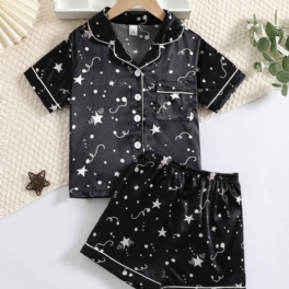 Flickor Star Print Grafisk Satin Lapel Neck Pyjamas Set