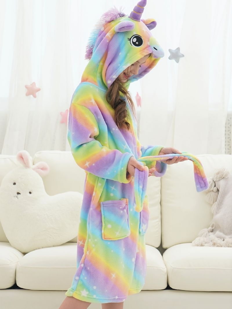 Flickor Unicorn Huva Flanell Morgonrock Ljus Regnbåge Plysch Varm Pyjamas Hemmakläder Med Ficka Vinter