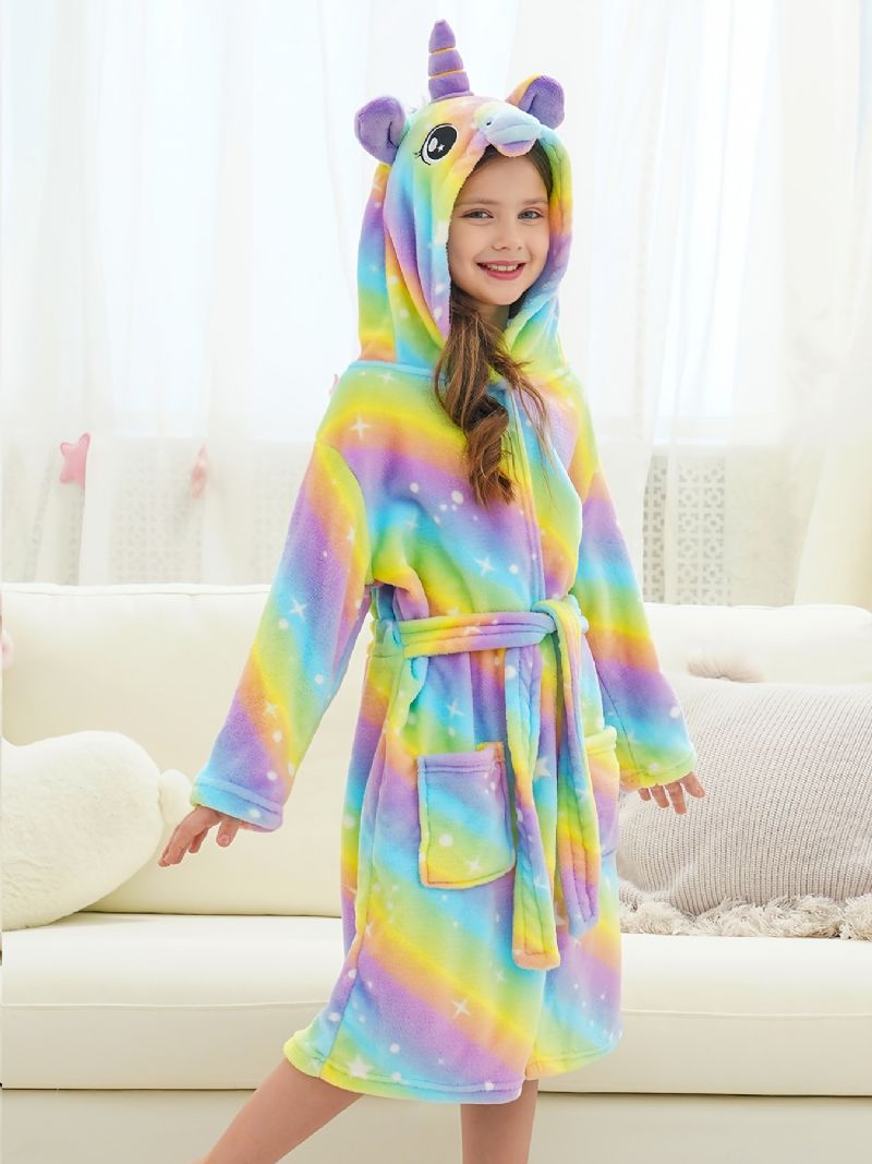 Flickor Unicorn Huva Flanell Morgonrock Ljus Regnbåge Plysch Varm Pyjamas Hemmakläder Med Ficka Vinter