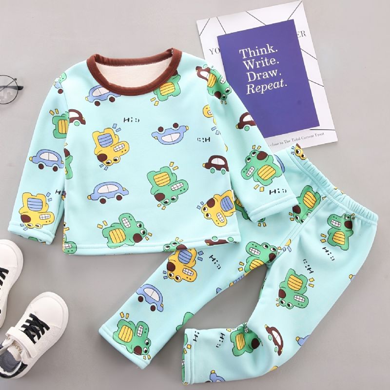 Höst Vinter Barn Casual Dinosaur Tryckt Crew Neck Fleece Långärmade Byxor Pyjamas Set