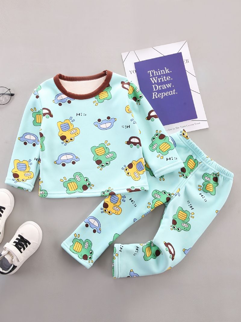 Höst Vinter Barn Casual Dinosaur Tryckt Crew Neck Fleece Långärmade Byxor Pyjamas Set