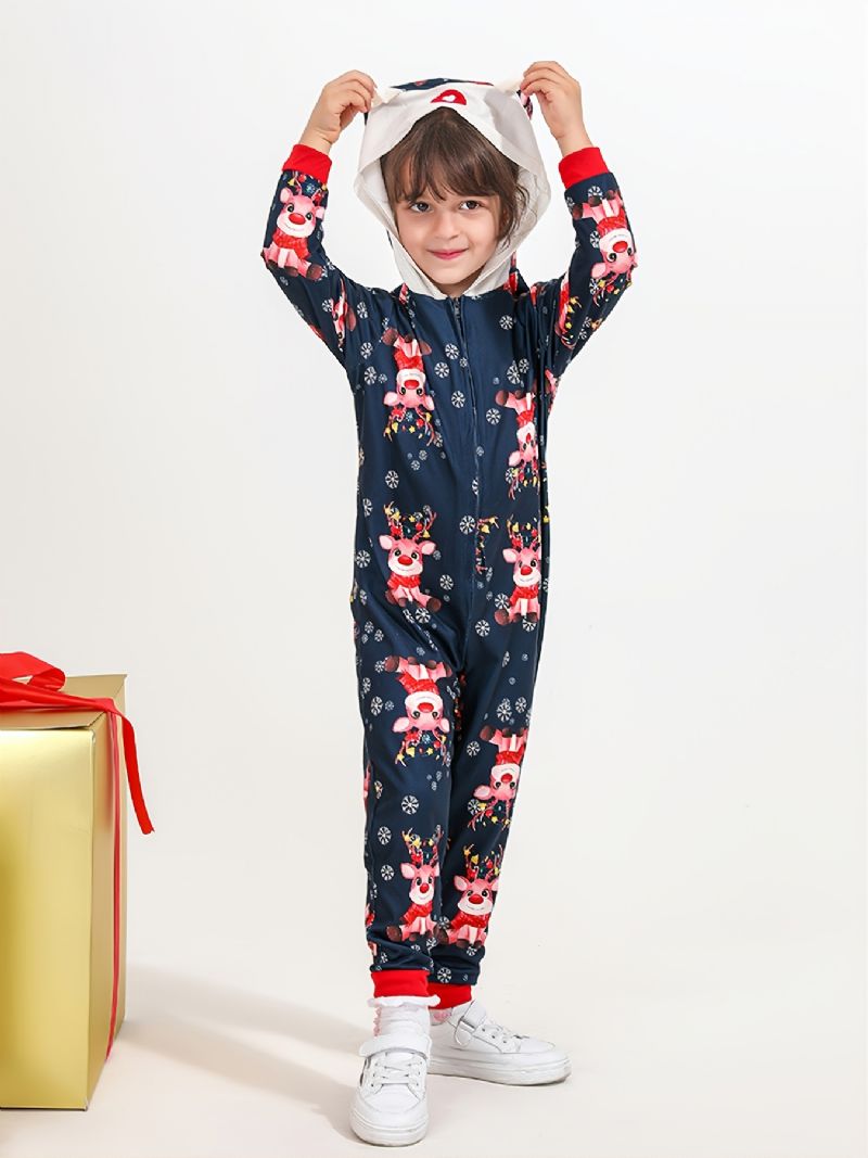 Höst Vinter Barn Hjort Print Julfest Hooded Pyjamas Set