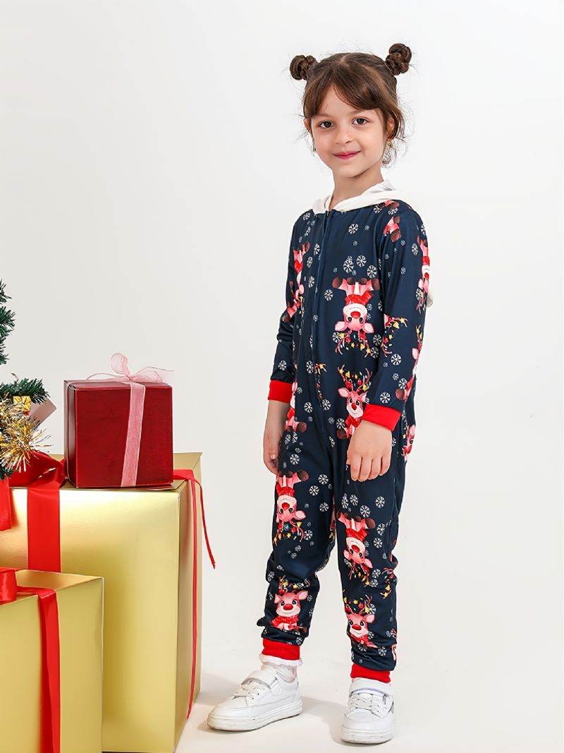 Höst Vinter Barn Hjort Print Julfest Hooded Pyjamas Set