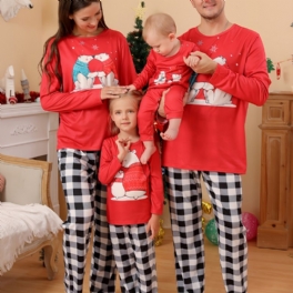 Jul Nya Barnkalas Tecknad Björn Röd Rundhals Topp Svart Pläd Byxa Pyjamas Set