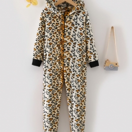 Leopardmönstrad Pyjamas Med Huva I Flanell Med Dragkedja För Barn