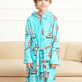 Pojkar Flanell Långärmad Hooded Bathobe Blå Fartyg Print Barnkläder Sovkläder