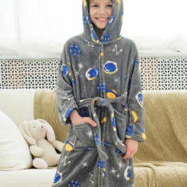 Pojkar Huva Fleece Morgonrock Grå Astronaut Flanell Barnkläder Sovkläder