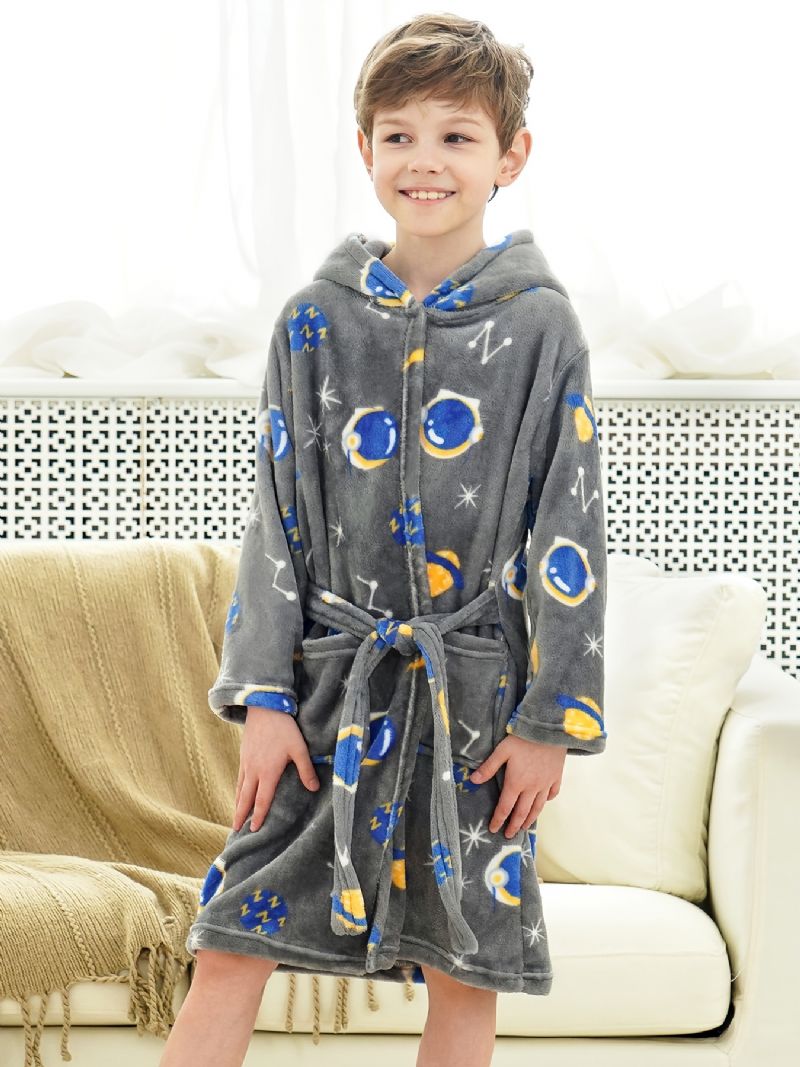 Pojkar Huva Fleece Morgonrock Grå Astronaut Flanell Barnkläder Sovkläder