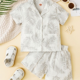 Pojkar Plant Print Kortärmad Skjorta Med Fickor + Shorts Set Pyjamas Barnkläder