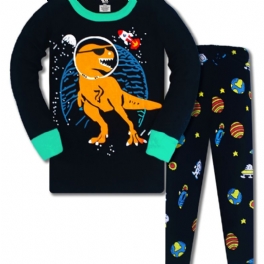 Pojkar Söta Tecknade Dinosaurier Print Pyjamas Set Med Långärmad Rundringad Toppar Och Byxor För Vintern