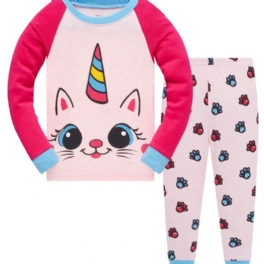 Popshion 2st Flickor Katt Aniaml Tecknat Mönster Topp & Tasstryck Pyjamas Byxor Set