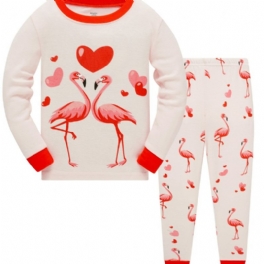 Popshion 2st Flickor Söt Flamingo Tecknad Djur Topp & Kontrast Trim Pyjamas Byxor Set