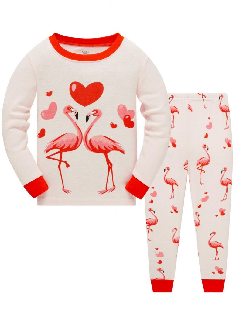 Popshion 2st Flickor Söt Flamingo Tecknad Djur Topp & Kontrast Trim Pyjamas Byxor Set