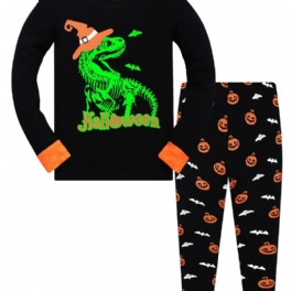 Popshion 2st Pojkar Halloween Fluorescerande Tecknad Dinosaurie Glödande Skelettben Långärmad Pyjamas Bomullsdräkt