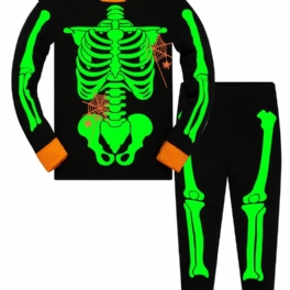 Popshion 2st Småbarn Barn Pyjamas Glow In Dark Halloween Skeleton Cotton Sovkläder Set Pojkar Fluorescerande Elf Skull Spindelnät Långärmad Bomullsdräkt