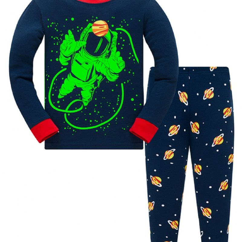 Popshion Pojkar Fluorescerande Astronaut Star Universe Top & Contrast Trim Pyjamas Byx Set