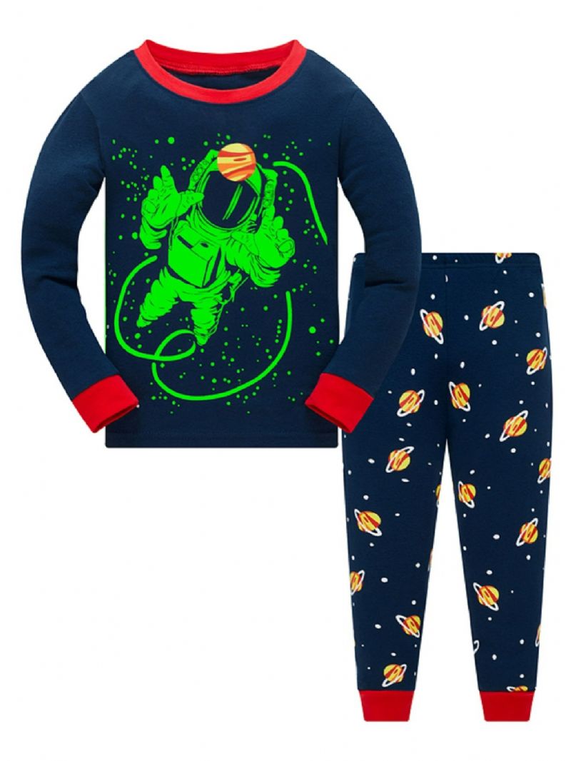 Popshion Pojkar Fluorescerande Astronaut Star Universe Top & Contrast Trim Pyjamas Byx Set