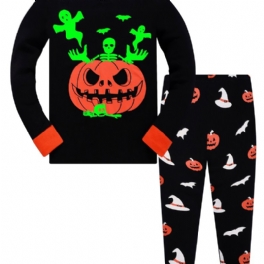 Popshion Pojkar Fluorescerande Halloween Pumpkin Skull Bat Långärmad Pyjamas Byxa Set