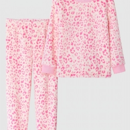 Pyjamas För Flickor Familjekläder Rosa Leopard Med Rund Hals Och Långärmad Topp & Byxuppsättning Barnkläder