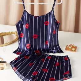 Silkeslena Läppar Mönster Satin Pyjamas Crop Cami Top & Pojkar Shorts Set Damunderkläder Och Nattkläder