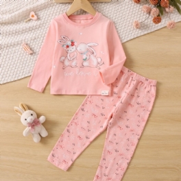 Småbarn Bebis Flickor Pyjamas Familjeoutfit Kanintryck Rundhalsad Långärmad Topp & Blommor Print Byx Set