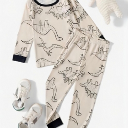 Småbarn Pojkar Tecknad Dinosaurietryck Långärmad Crewneck Topp Pyjamasset Sovkläder Barnkläder Set