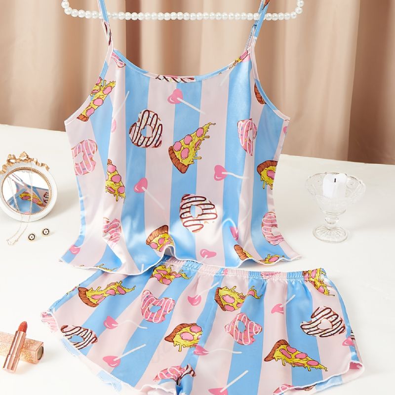 Söt Silky Cookie Satin Pyjamas Crop Cami Top & Pojkar Shorts Set Damunderkläder Och Nattkläder