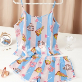 Söt Silky Cookie Satin Pyjamas Crop Cami Top & Pojkar Shorts Set Damunderkläder Och Nattkläder